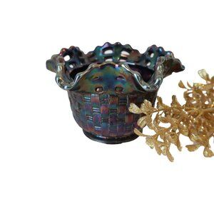 Carnival Glass Black Fenton Open Edge Ruffled Hat Vase Iridescent Carnival Glass